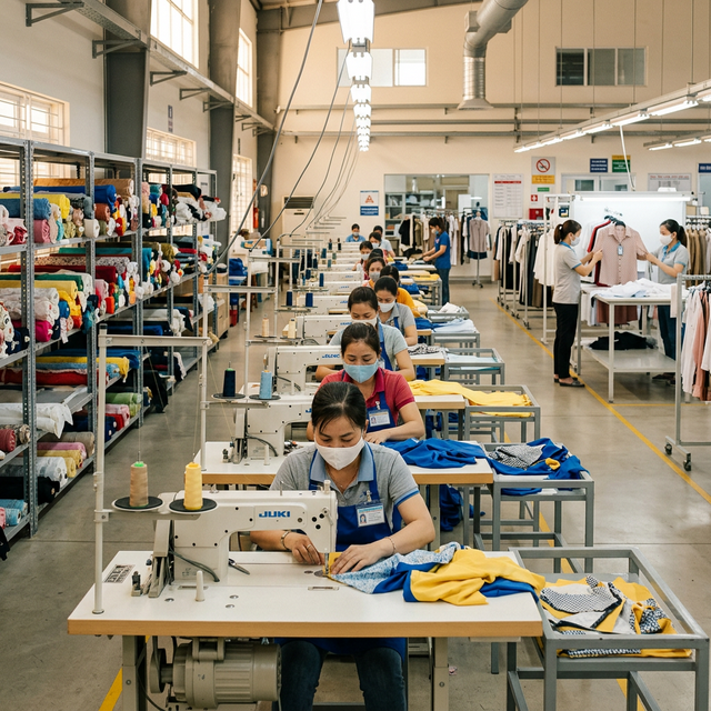 Modern garment production line with workers